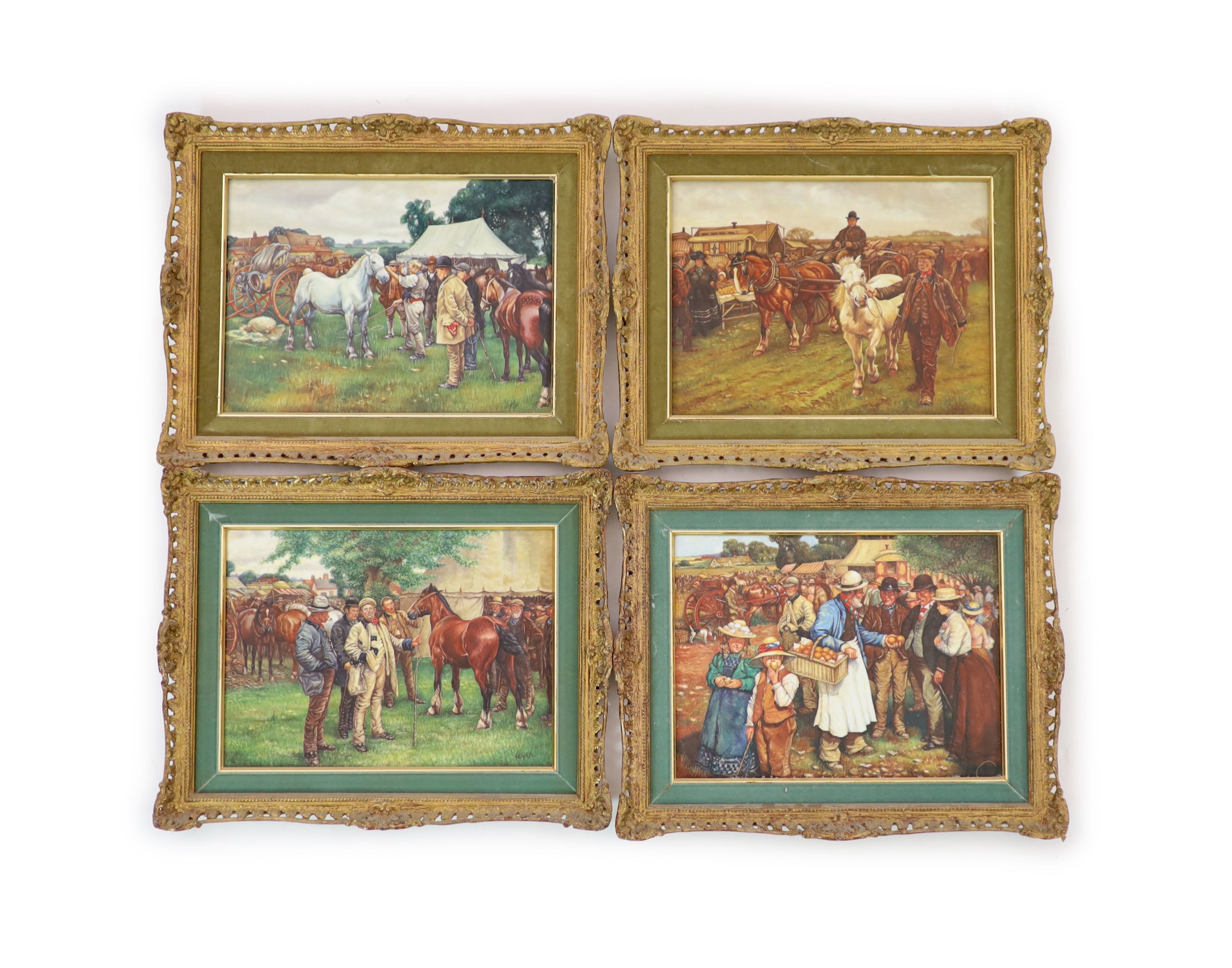 Leighton Maybury after Sir Alfred Munnings - a set of four porcelain plaques depicting horse fairs, 24 x 32cm, excluding frames and mounts